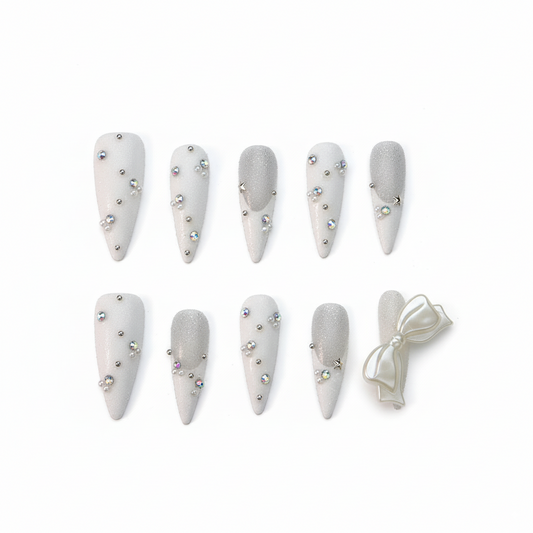 Clean Girl Aesthetic Frosted White Press - On Nails with Rhinestones, Pearls & Bow Accents