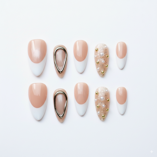 Clean Girl Aesthetic French Tip Press - On Nails with Gold Accents & Pearl Details