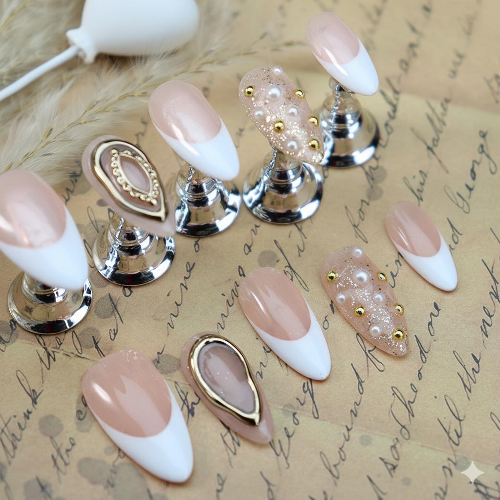 Clean Girl Aesthetic French Tip Press - On Nails with Gold Accents & Pearl Details