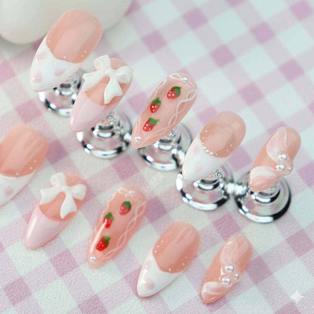 Clean Girl Aesthetic Strawberry & Bow Pink Press - On Nails, Cute Rhinestone - Embellished Fake Nails