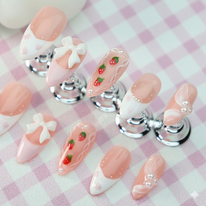 Clean Girl Aesthetic Strawberry & Bow Pink Press - On Nails, Cute Rhinestone - Embellished Fake Nails