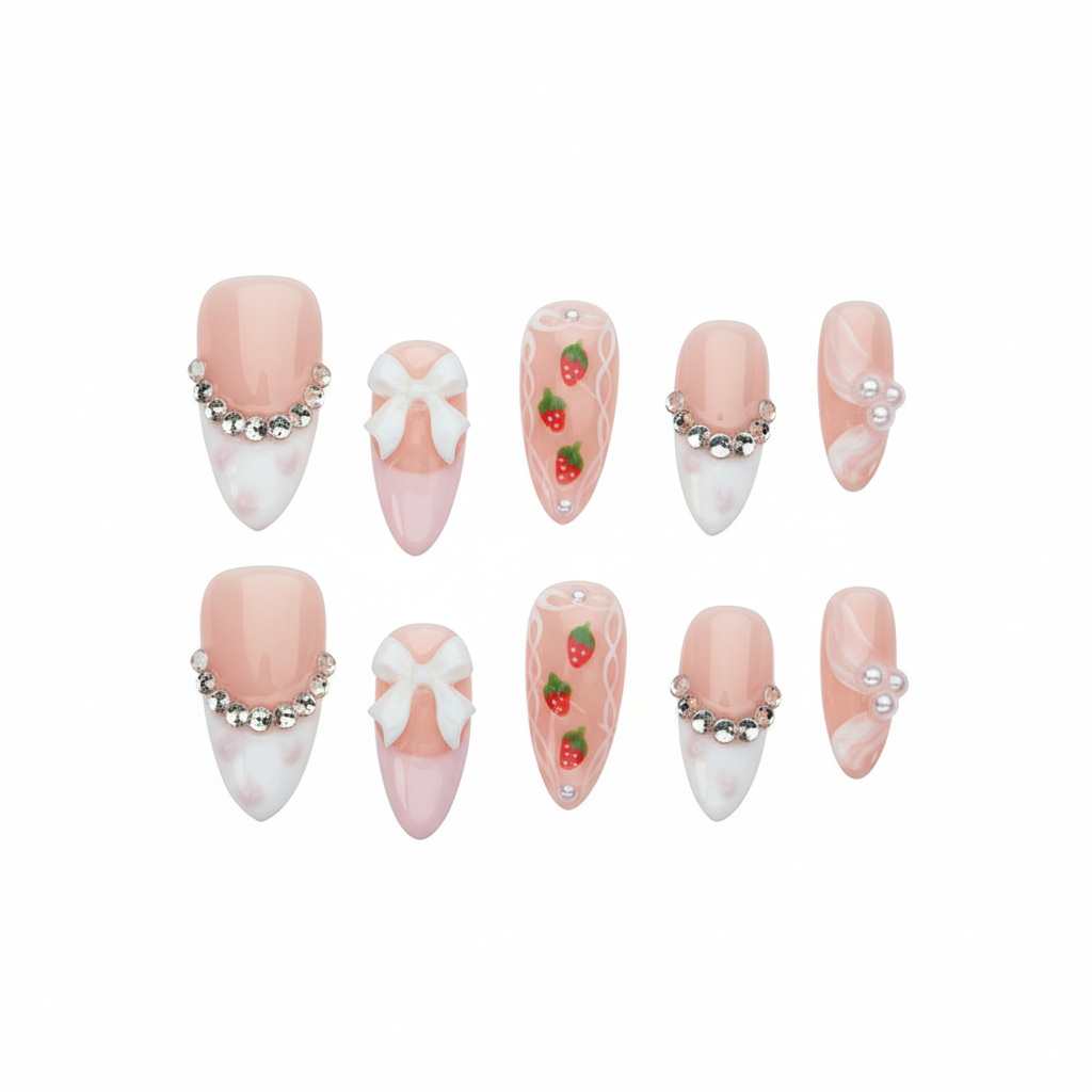 Clean Girl Aesthetic Strawberry & Bow Pink Press - On Nails, Cute Rhinestone - Embellished Fake Nails
