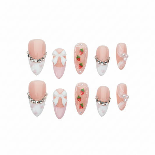 Clean Girl Aesthetic Strawberry & Bow Pink Press - On Nails, Cute Rhinestone - Embellished Fake Nails
