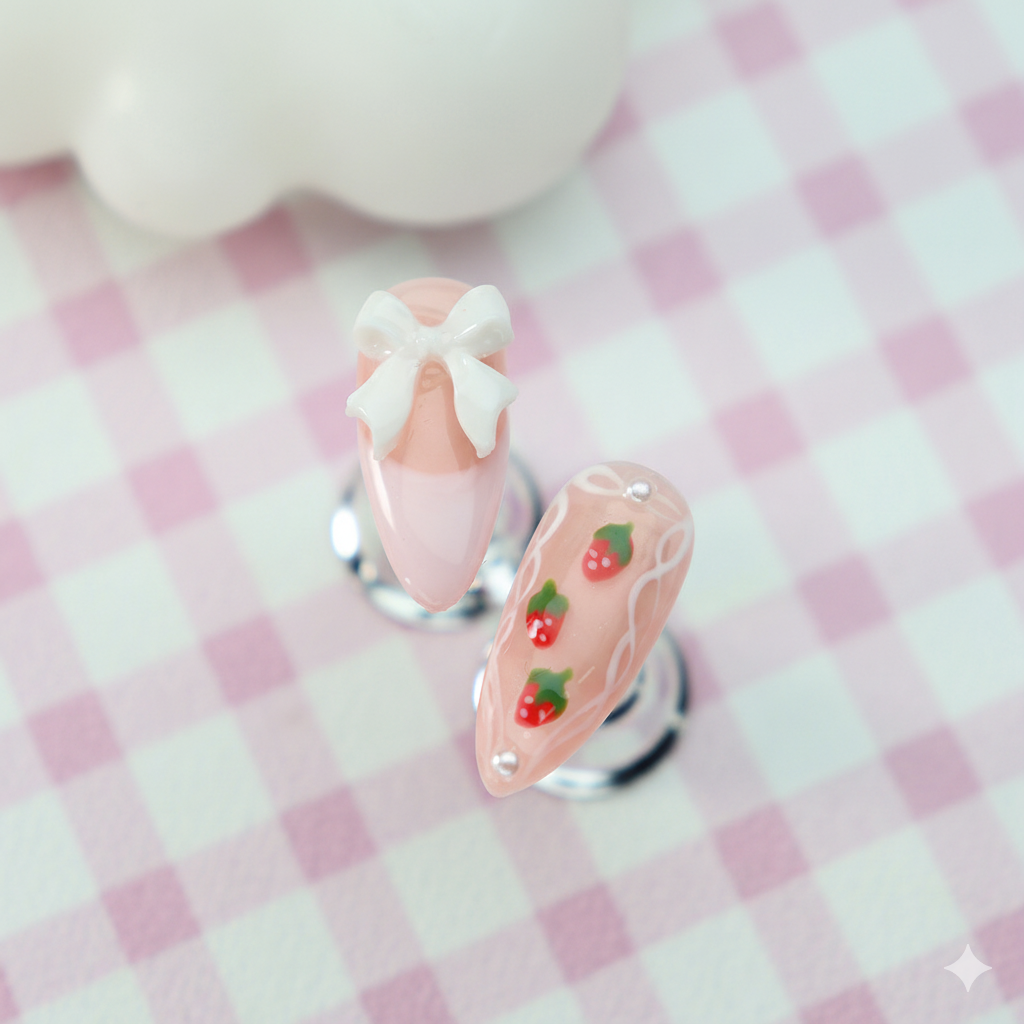 Clean Girl Aesthetic Strawberry & Bow Pink Press - On Nails, Cute Rhinestone - Embellished Fake Nails