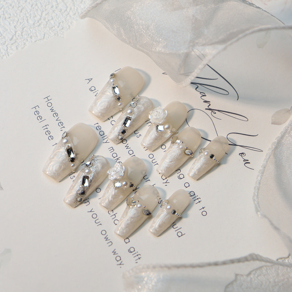 Clean Girl Aesthetic Elegant White Press - On Nails with Silver & Lace Details