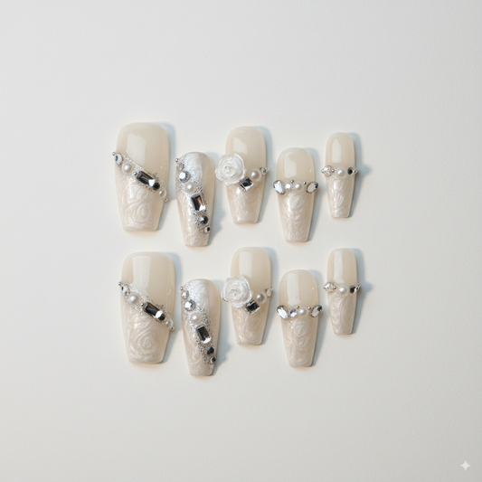 Clean Girl Aesthetic Elegant White Press - On Nails with Silver & Lace Details