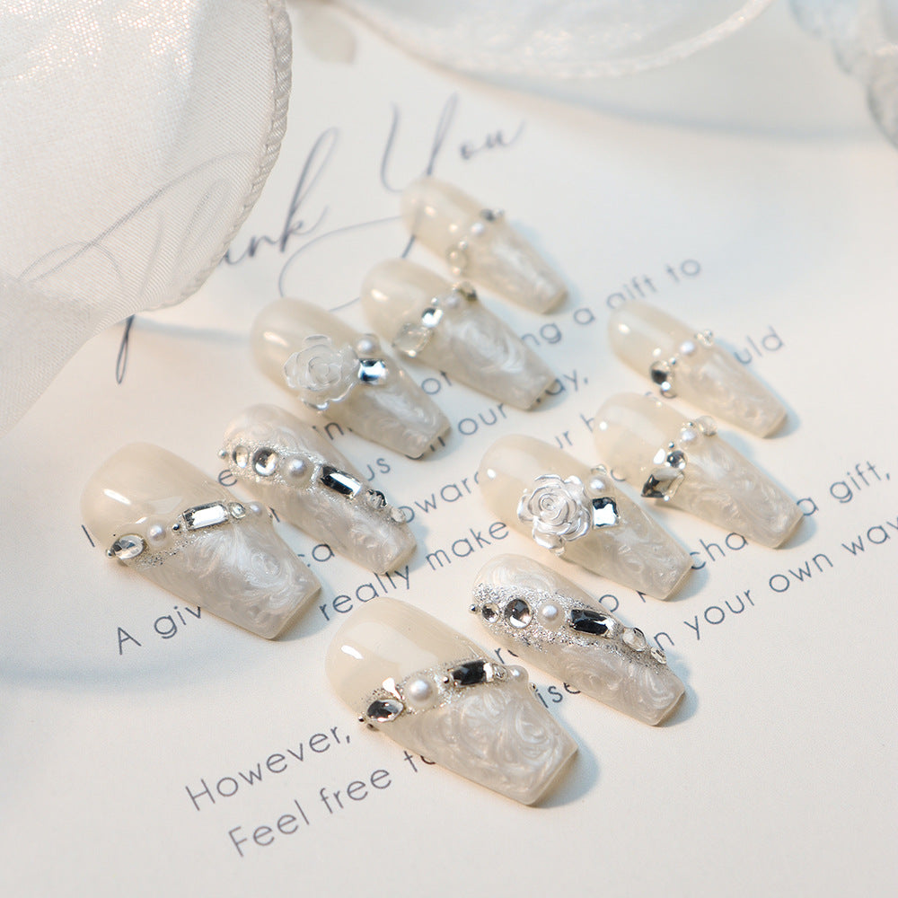 Clean Girl Aesthetic Elegant White Press - On Nails with Silver & Lace Details