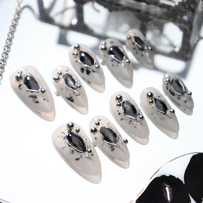 Clean Girl Aesthetic Edgy Black & Silver Accent Press - On Nails, Minimalist Glam Fake Nails