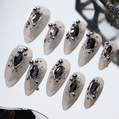 Clean Girl Aesthetic Edgy Black & Silver Accent Press - On Nails, Minimalist Glam Fake Nails