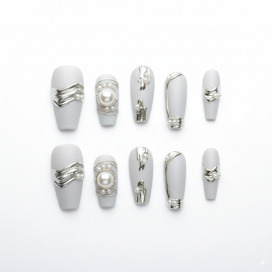Clean Girl Aesthetic White Press - On Nails with Silver & Pearl Accents, Elegant Minimalist Fake Nails