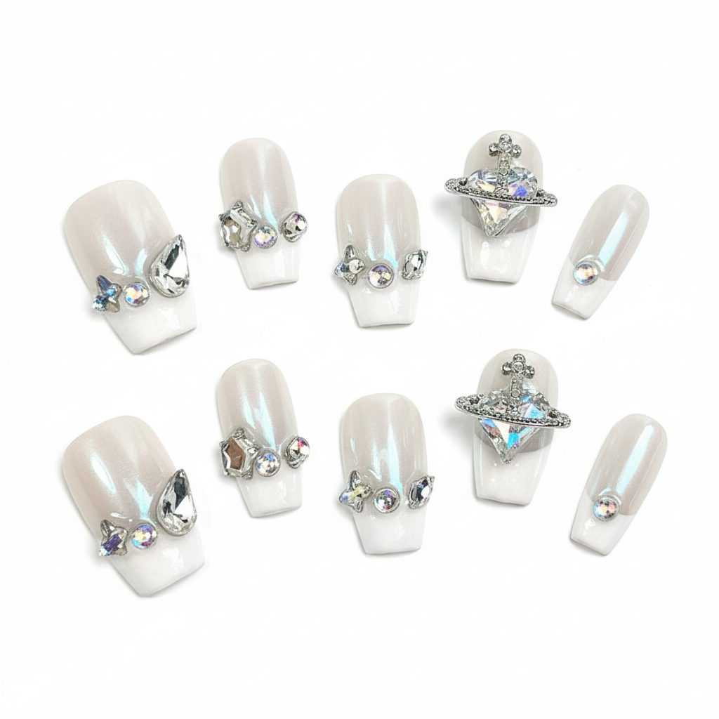 Clean Girl Aesthetic White Press - On Nails with Rhinestone & Charm Accents, Glam Minimalist Fake Nails
