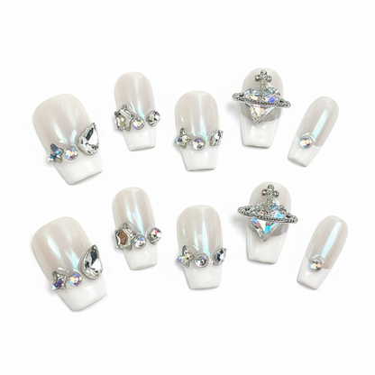 Clean Girl Aesthetic White Press - On Nails with Rhinestone & Charm Accents, Glam Minimalist Fake Nails