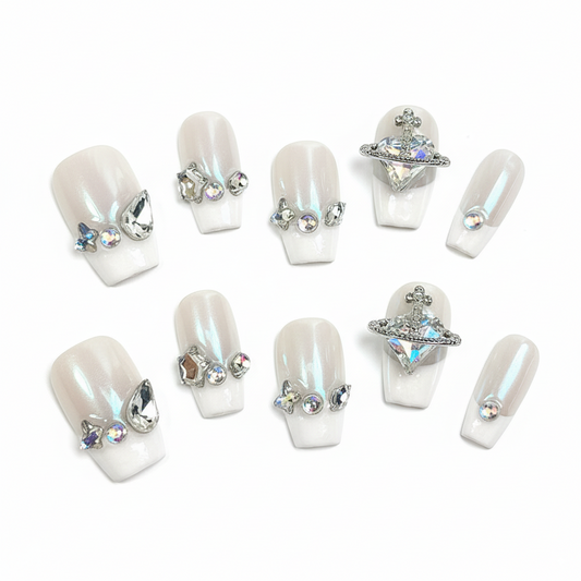Clean Girl Aesthetic White Press - On Nails with Rhinestone & Charm Accents, Glam Minimalist Fake Nails