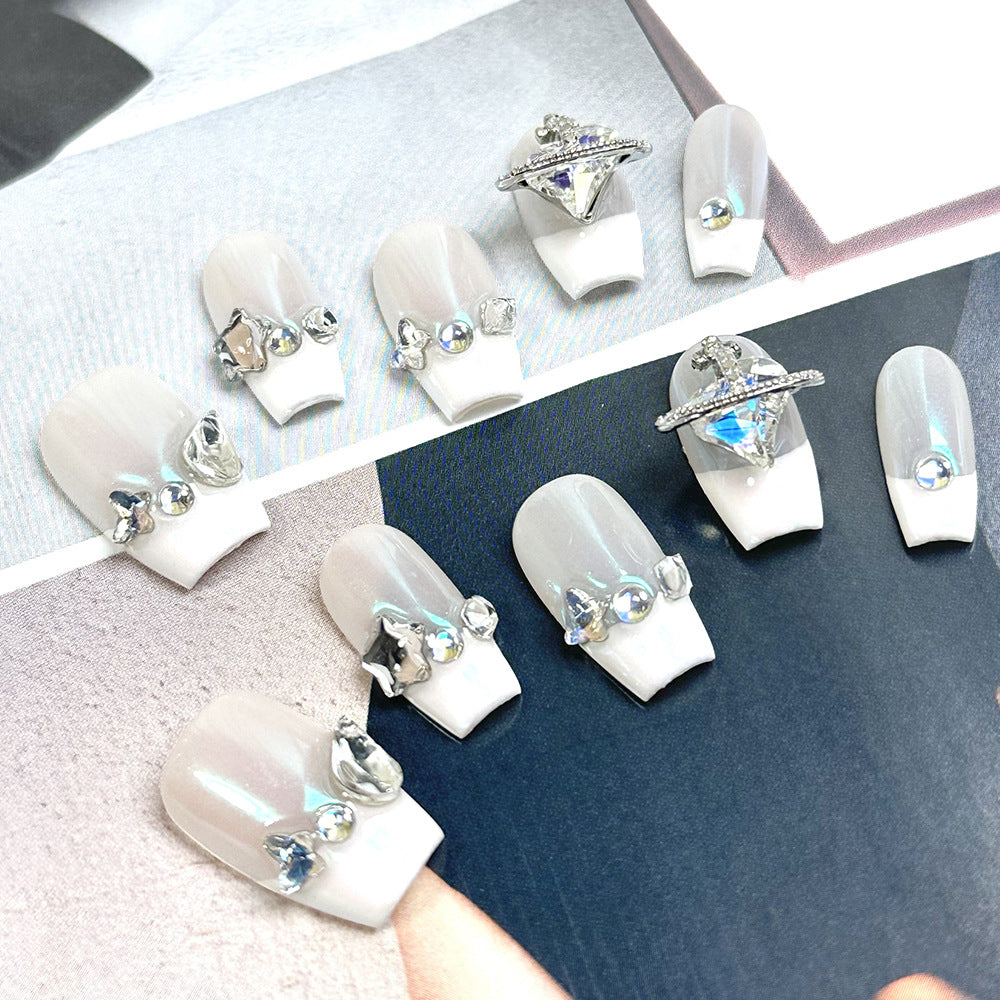 Clean Girl Aesthetic White Press - On Nails with Rhinestone & Charm Accents, Glam Minimalist Fake Nails