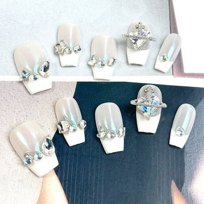 Clean Girl Aesthetic White Press - On Nails with Rhinestone & Charm Accents, Glam Minimalist Fake Nails