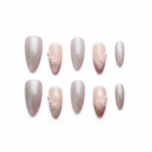 Clean Girl Aesthetic Shimmering Pink & Silver Press - On Nails with Floral Accents, Chic Glitter Fake Nails