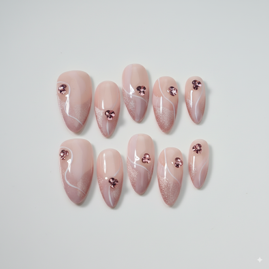 Clean Girl Aesthetic Blush Pink Press - On Nails with Rhinestone Accents, Chic Gradient Fake Nails