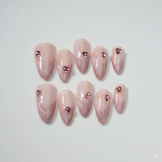 Clean Girl Aesthetic Blush Pink Press - On Nails with Rhinestone Accents, Chic Gradient Fake Nails