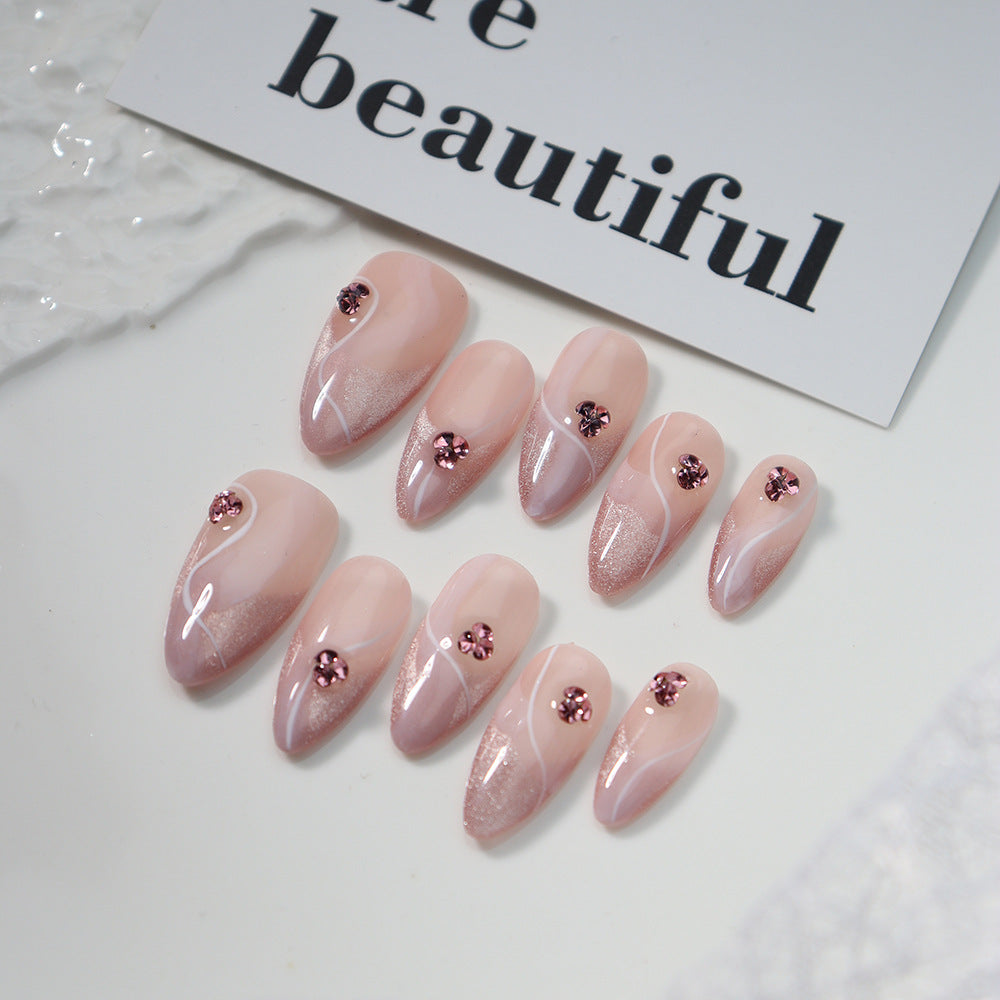 Clean Girl Aesthetic Blush Pink Press - On Nails with Rhinestone Accents, Chic Gradient Fake Nails