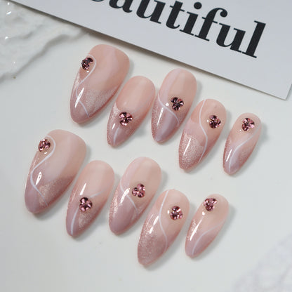 Clean Girl Aesthetic Blush Pink Press - On Nails with Rhinestone Accents, Chic Gradient Fake Nails