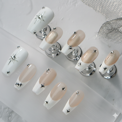 Clean Girl Aesthetic Star & Rhinestone Press - On Nails, Chic White & Nude Fake Nails