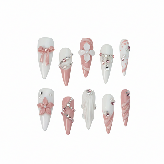 Clean Girl Pink White 3D Floral Rhinestone Press On Nails - Bridal & Party Faux Nails