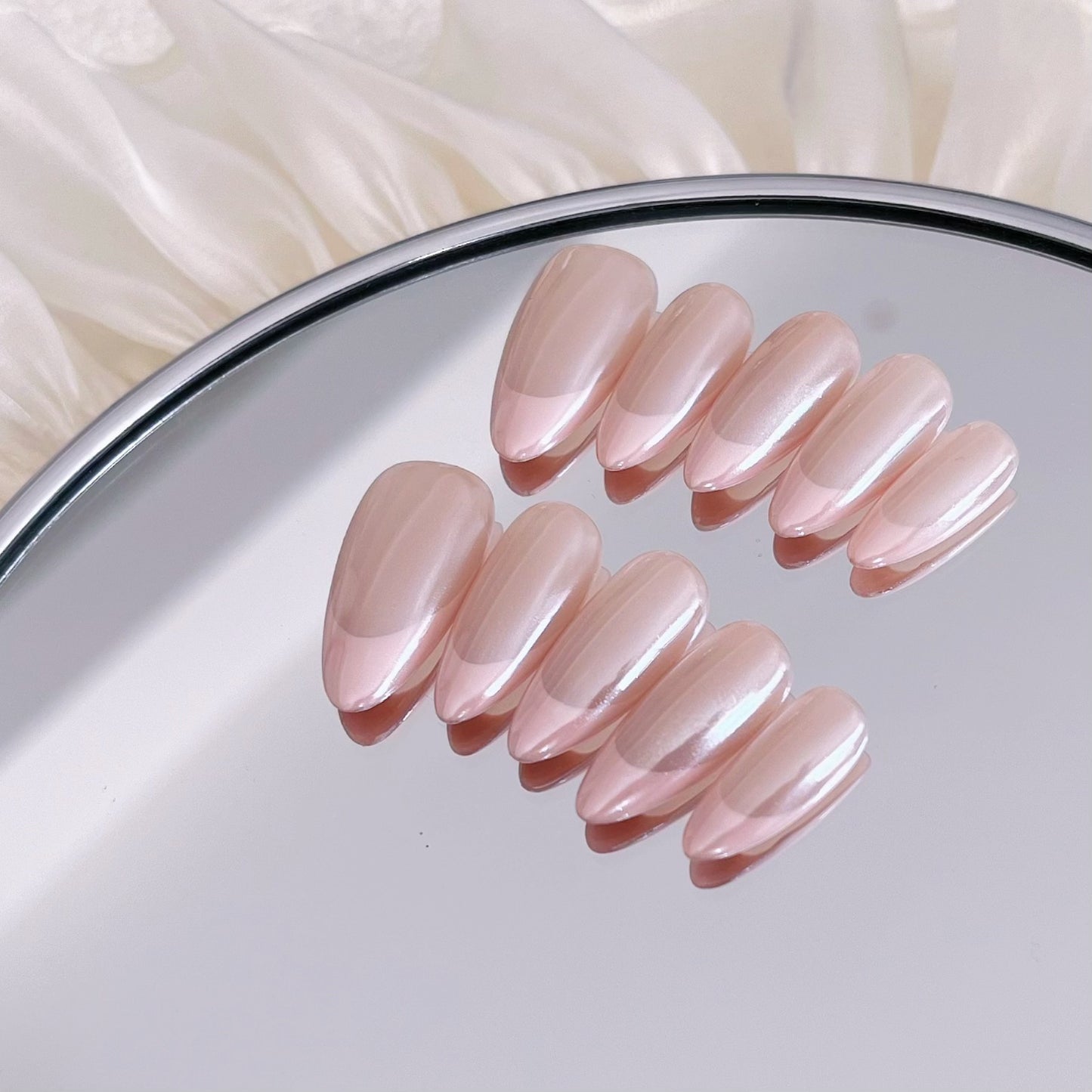 Clean Girl Iridescent French Tip Press-On Nails - Luminous Nude & Pearl Manicure Set