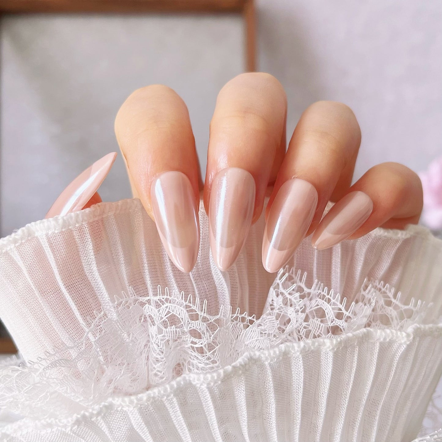 Clean Girl Iridescent French Tip Press-On Nails - Luminous Nude & Pearl Manicure Set