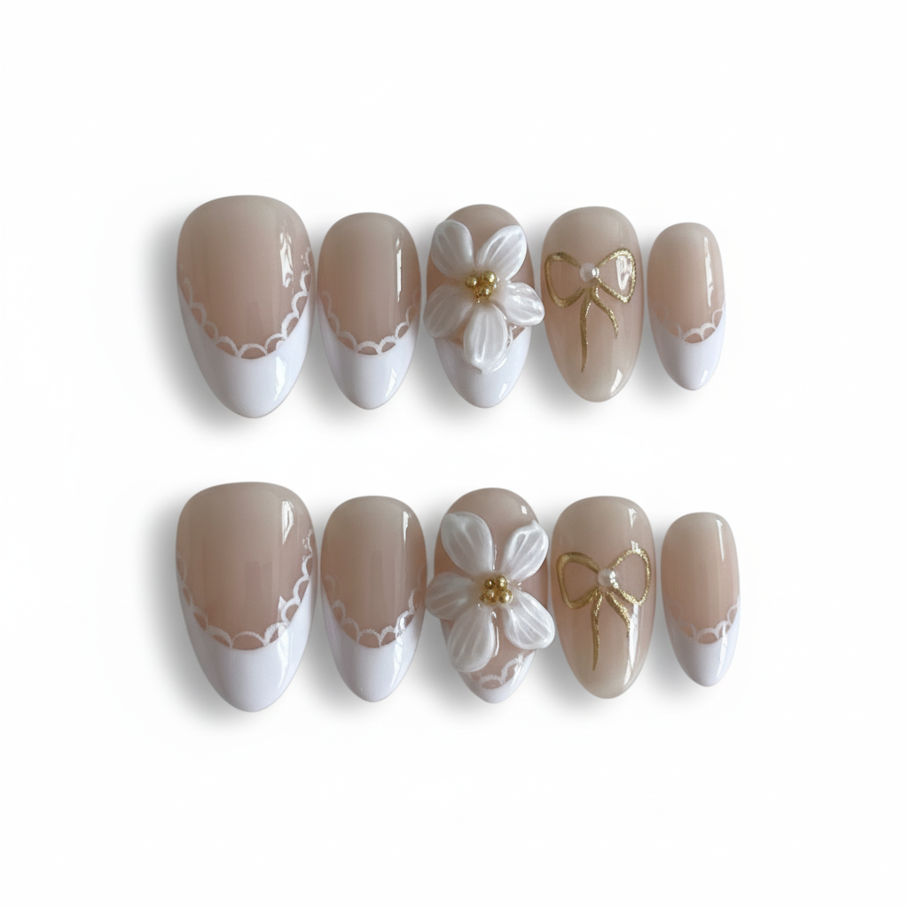 Clean Girl Floral & Bow French Tip Press-On Nails - Elegant Nude Scallop Manicure