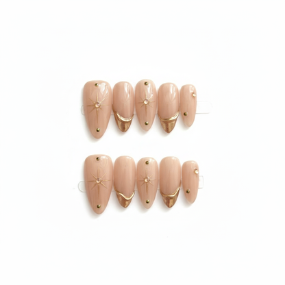 Clean Girl Celestial Nude Press-On Nails - Gold Star & Crescent Embellished Manicure