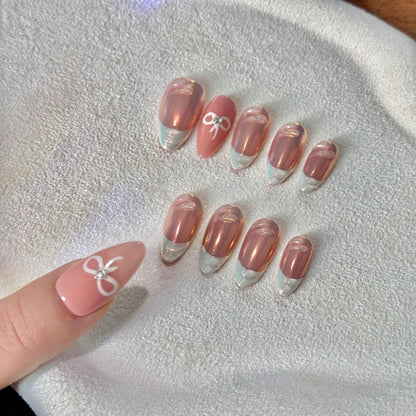 Clean Girl Chrome French Press-On Nails: The Bow Charm Set