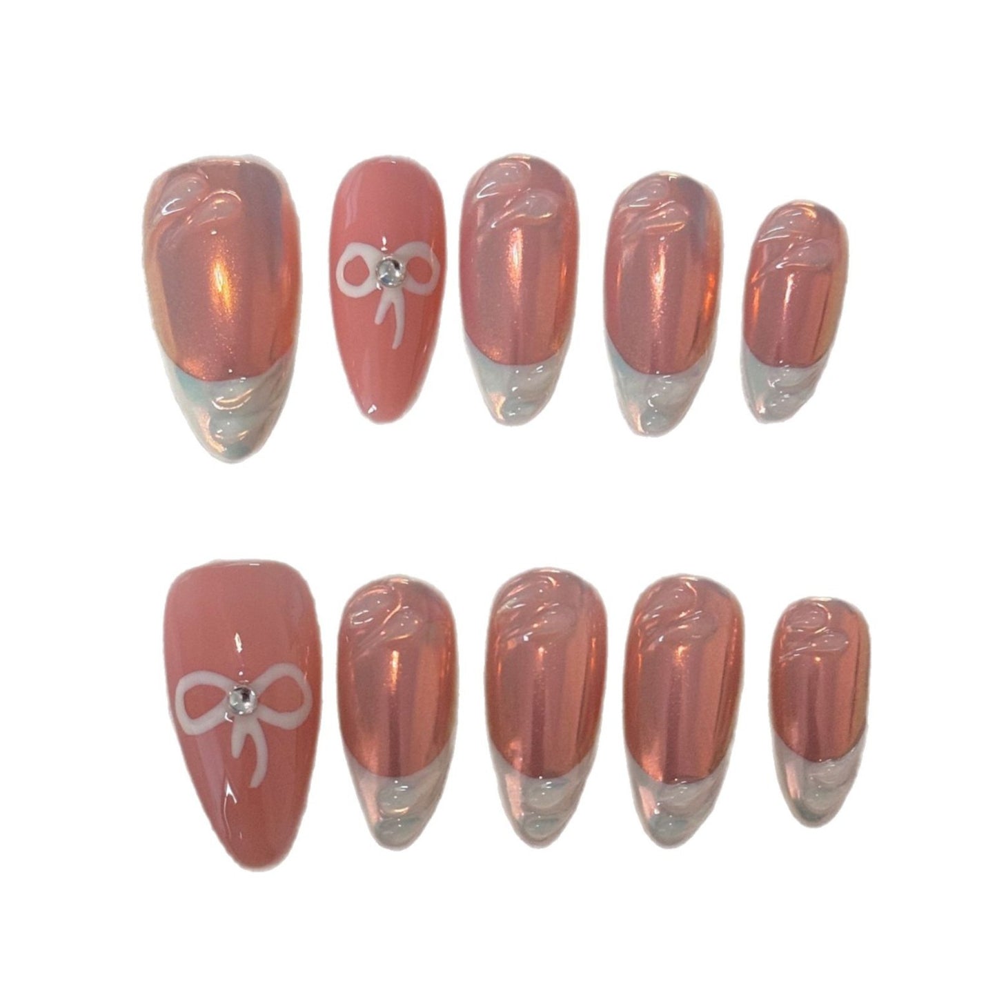 Clean Girl Chrome French Press-On Nails: The Bow Charm Set