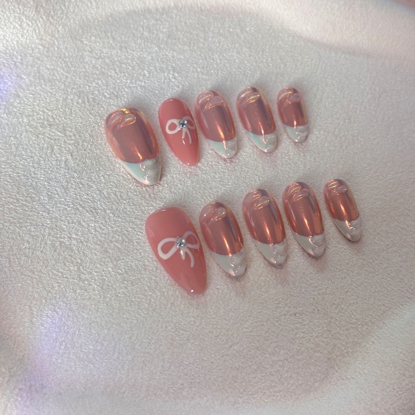 Clean Girl Chrome French Press-On Nails: The Bow Charm Set