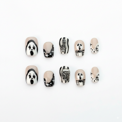 Halloween Monochrome Ghost Press-On Nails: The Haunted Graveyard Set