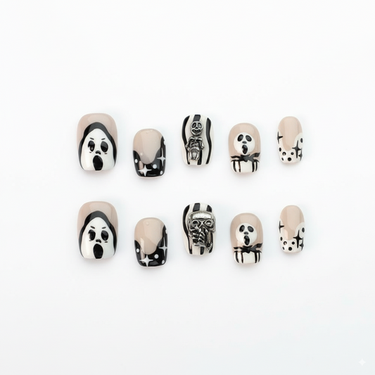Halloween Monochrome Ghost Press-On Nails: The Haunted Graveyard Set