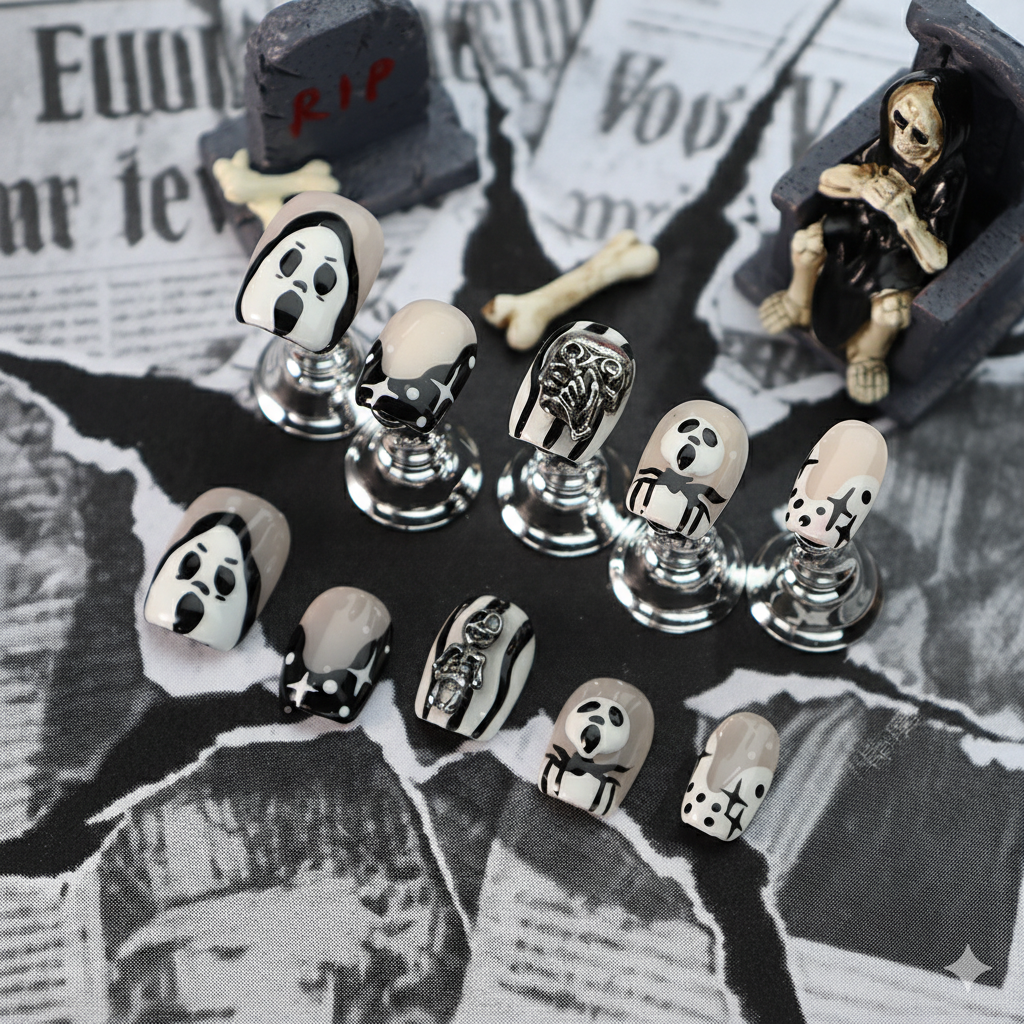Halloween Monochrome Ghost Press-On Nails: The Haunted Graveyard Set