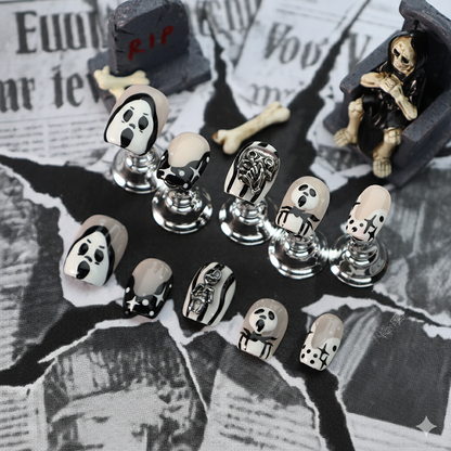 Halloween Monochrome Ghost Press-On Nails: The Haunted Graveyard Set