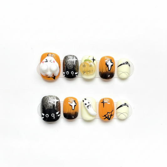 Halloween 3D Cat & Pumpkin Press-On Nails: The Cozy Spooky Set