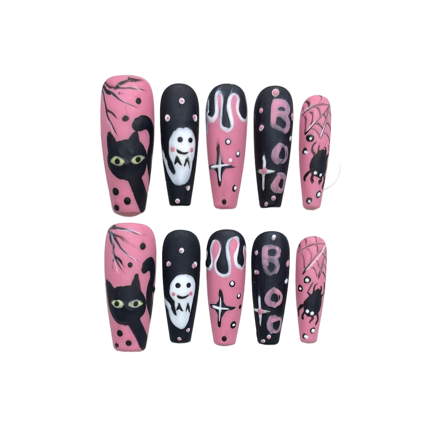 Halloween Pink & Black Cat Press-On Nails: The Spooky-Cute Goth Set