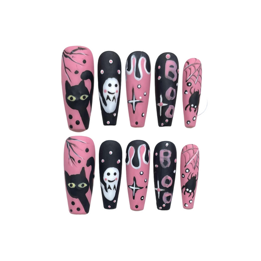 Halloween Pink & Black Cat Press-On Nails: The Spooky-Cute Goth Set