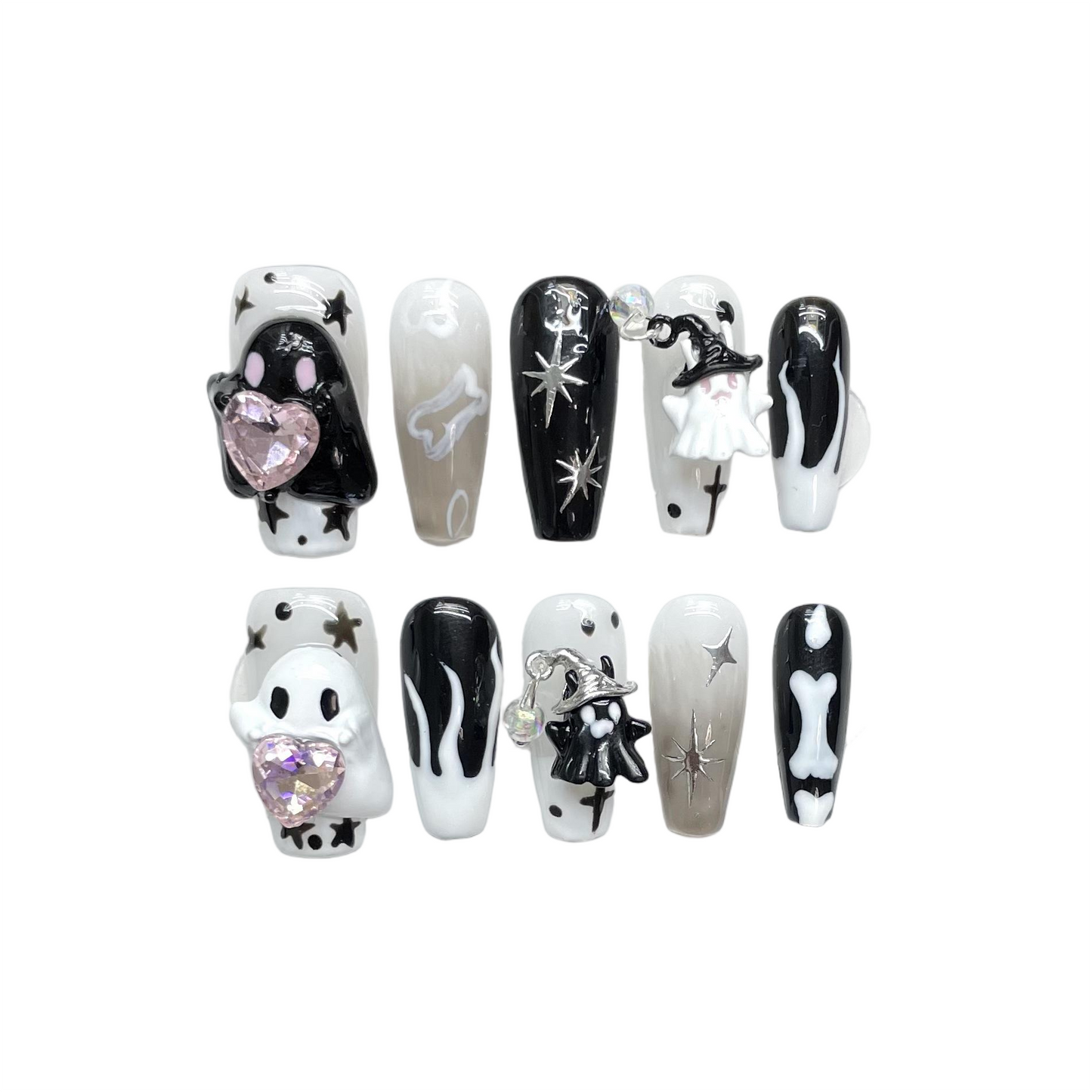 Halloween Grayscale Ghosts & Goth Press-On Nails: The Ghostly Chic Set