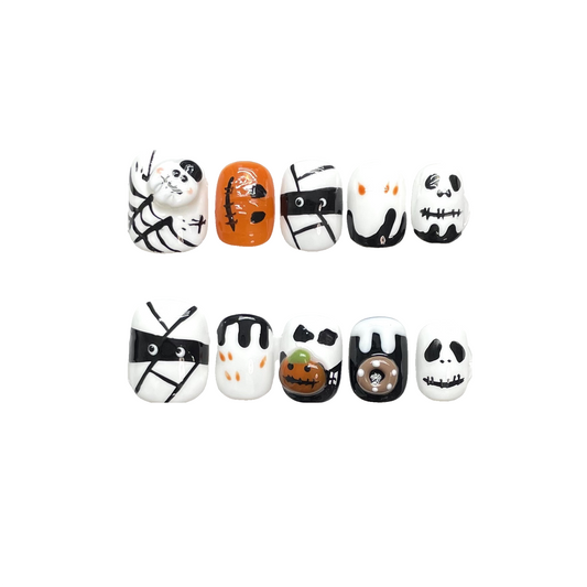 Halloween Cute Skull & Mummy Press-On Nails: The Cartoon Spooks Set