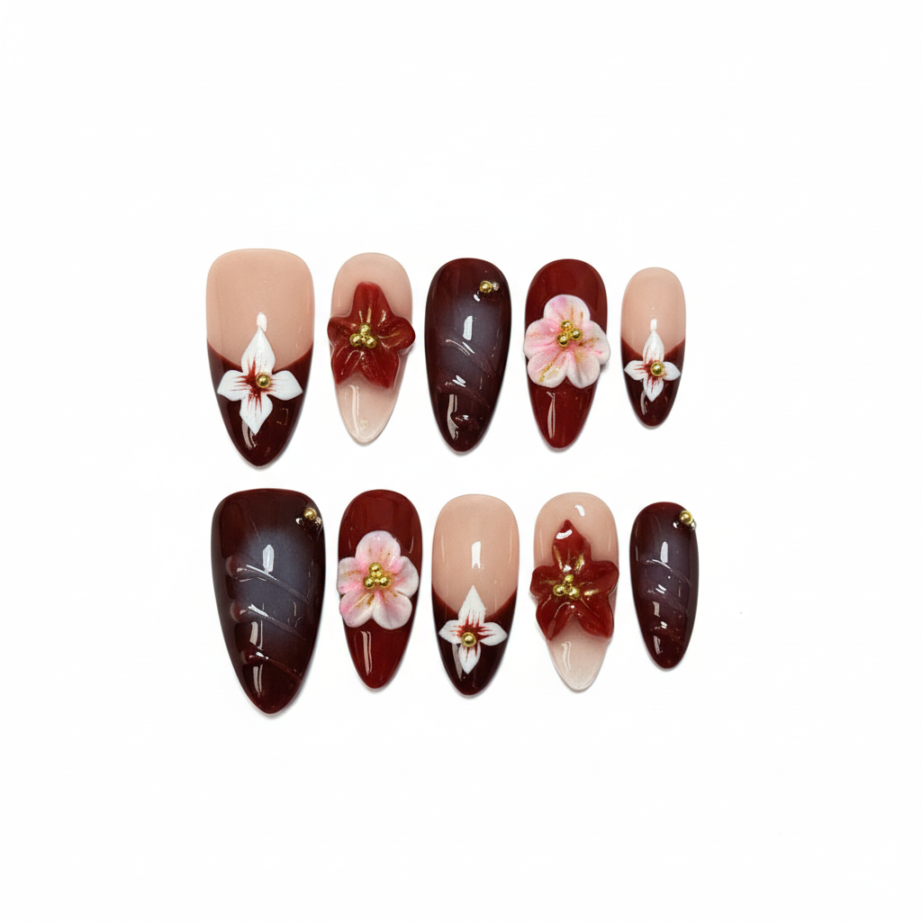 Autumn's Whisper | Burgundy & Nude Ombre Press-On Nails with 3D Floral Art