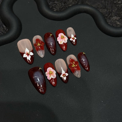 Autumn's Whisper | Burgundy & Nude Ombre Press-On Nails with 3D Floral Art