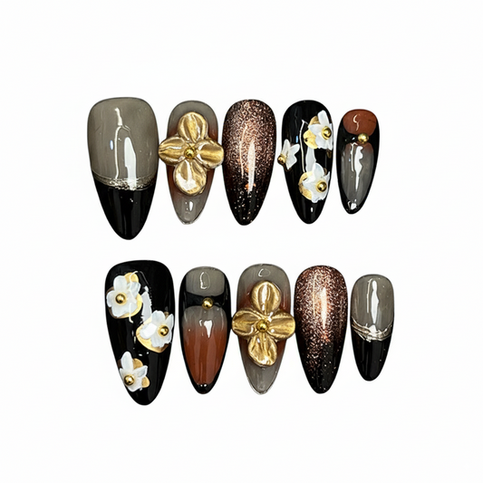 Autumn's Whisper | "Midnight Bloom" Press-On Nail Set with 3D Gold & White Flowers