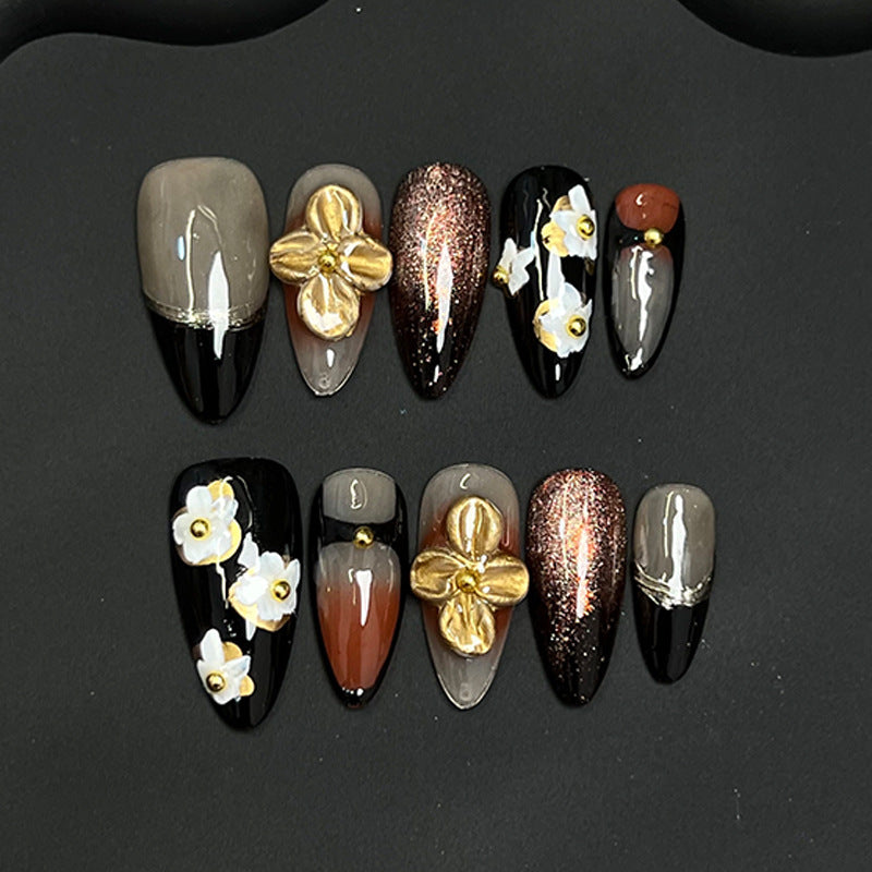 Autumn's Whisper | "Midnight Bloom" Press-On Nail Set with 3D Gold & White Flowers