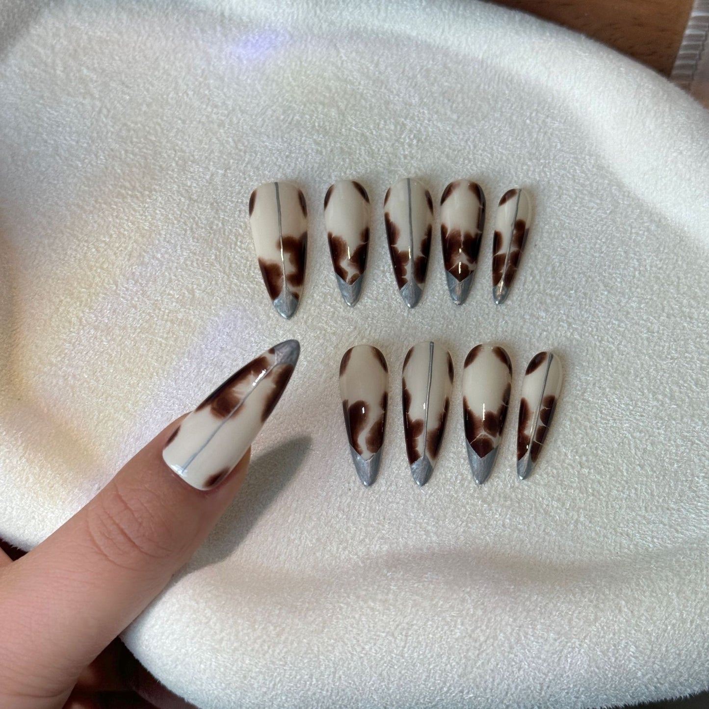 Autumn's Whisper | "Mystic Cow Print" Press-On Nail Set with Chrome Tips