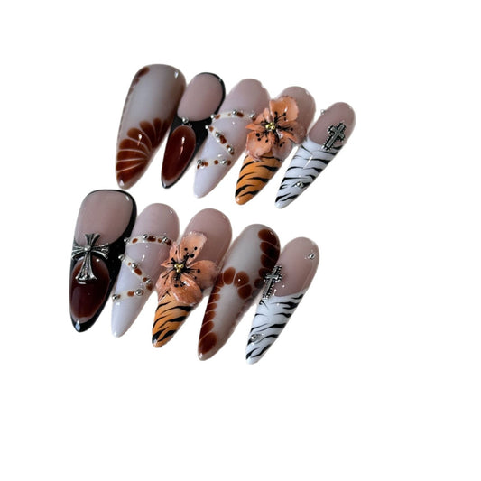 Autumn's Whisper | "Mystic Garden" Press-On Nail Set with 3D Tiger & Floral Art