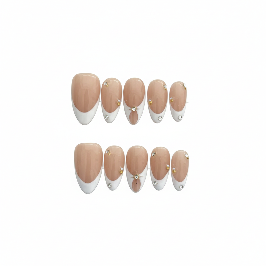 Clean Girl Embellished French Tip Press-On Nails - Nude & White Rhinestone Manicure