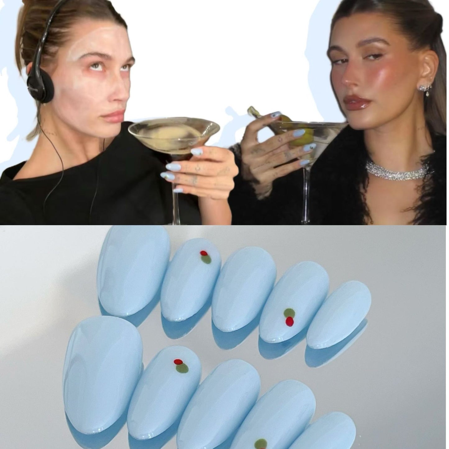 Clean Girl Berry Blue Press-On Nails - Pastel & Cherry Accent Manicure